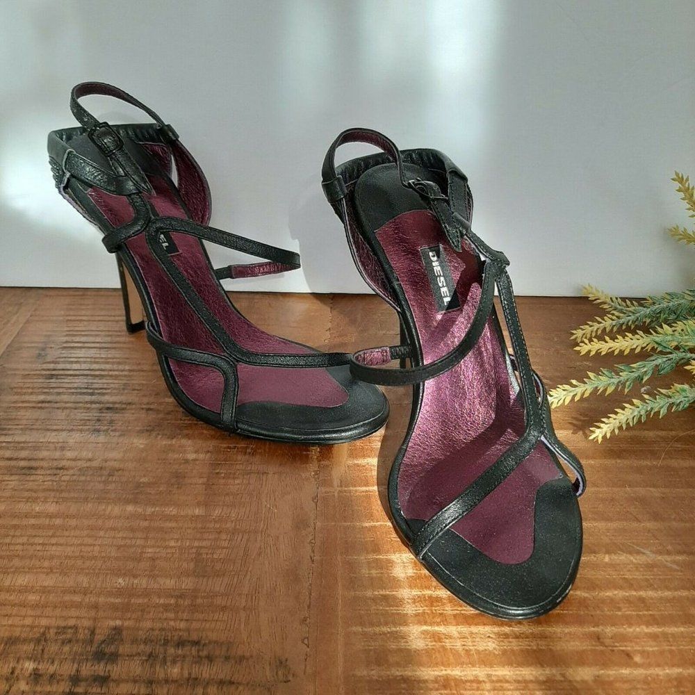 Diesel High heels strappy leather sandals Black leather 4 inch heel size 5